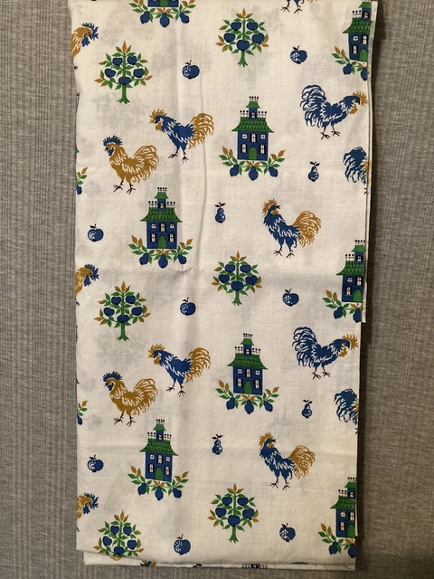 Vintage Fabric Blue Roosters Apples Colorful 100% Cotton Remnant 35” W x 56” L