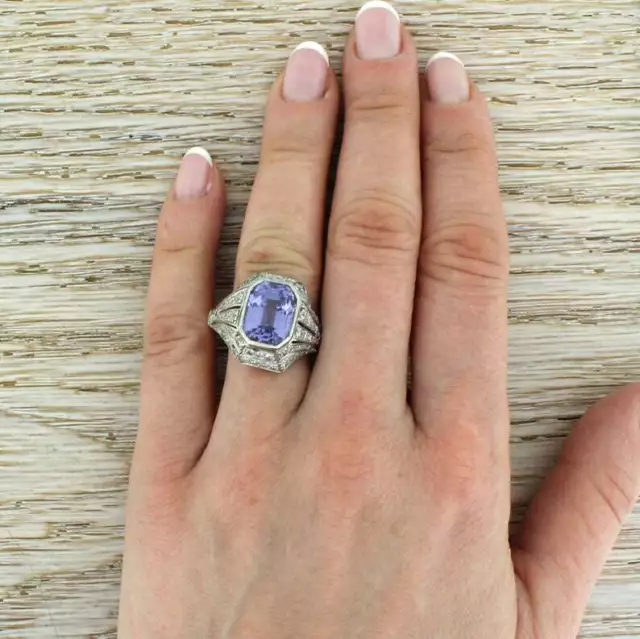 Art Deco 9 Carat Purplish Blue Emerald Cut Sapphire & 1.70CT Clear Round CZ Ring