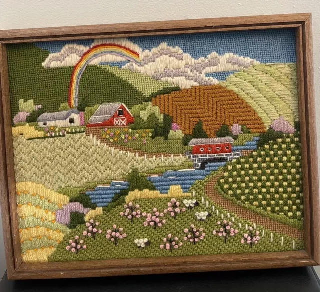 Vintage Hand Made Crewel/ Needlepoint  Picture Frame Mountains Farm  Framed