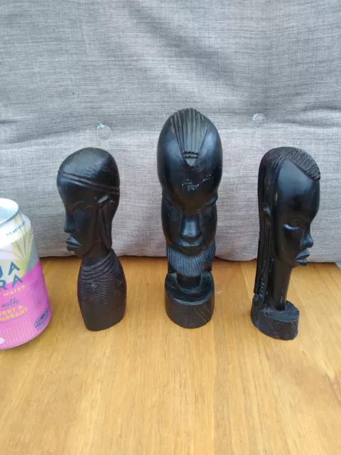 Set Of 3 African Wooden Hand Carved  Heads