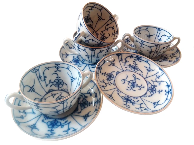 Koenigszelt! Silesia Blue Lace - Double Handled set of Four Teacups with Saucers