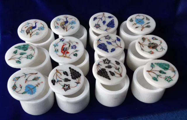 12 Pcs Lot Marble Round Ring Jewelry Box Rare Inlay Floral Design Art Gifts H127