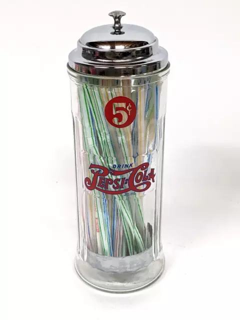 Coca Cola 5 cents Small Straw Glass Dispenser & Metal Top 6 No Straws