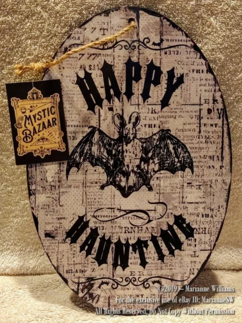 NEW Halloween Welcome Door Wall Hanging Plaque GOTH BAT  "HAPPY HAUNTING" SPOOKY