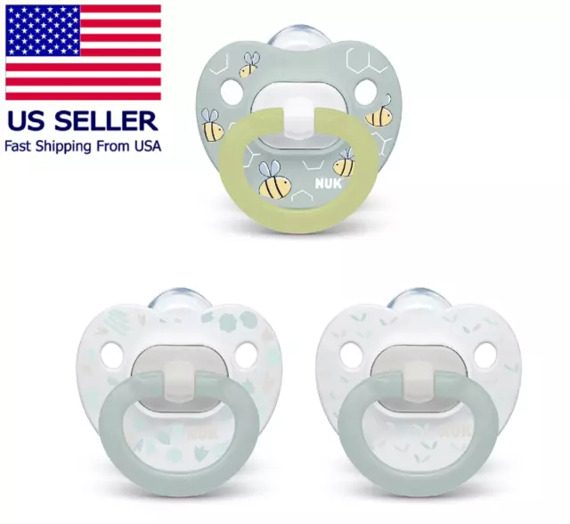 NUK Orthodontic Pacifier Value Pack 3 Ct Green Clear 0-6 Months Glow In The Dark
