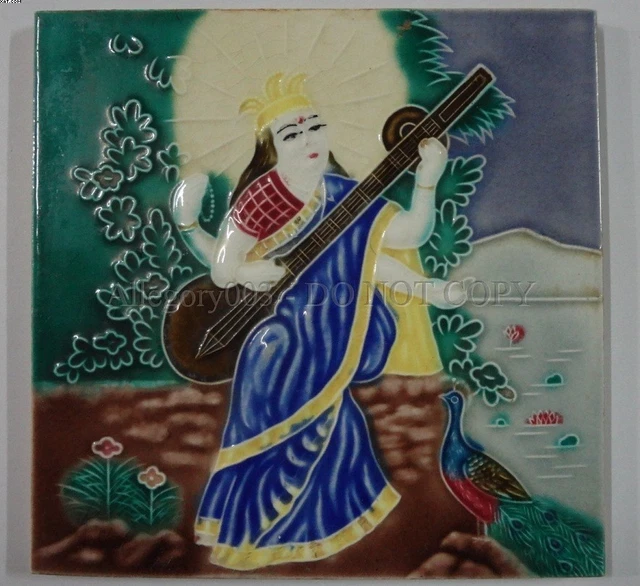 Majolica Tile GODDESS SARASWATI PEACOCK 6in x 6in Japan (50836)