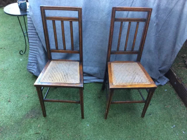 Pair Of Arts And Crafts Oak Chairs Rattan Antique