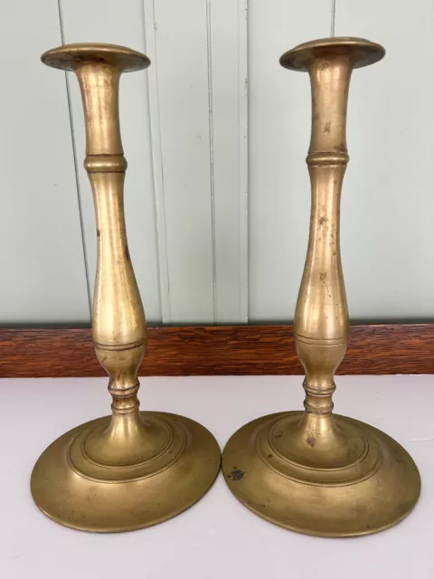 Beautiful Pair Antique Spun Brass Queen Anne Or Victoria 12” Candle Sticks