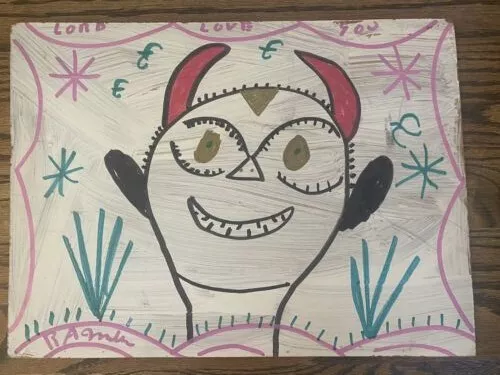 R A Miller Pink Horned Gold Eyed Lord Love You Devil Folk Art Painting Drawing