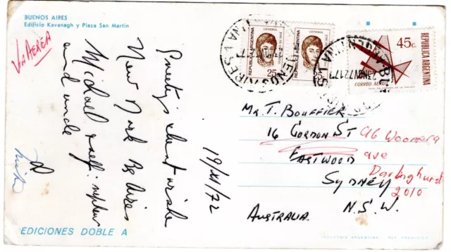 1972 Nov 23rd. Picture Postcard. Buenos Aires to Sydney.