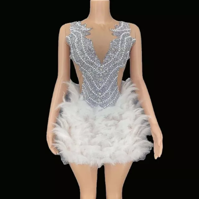 Women Sexy Silver Rhinestone Feather Dress Stage Wear Prom Party Dancer Costume