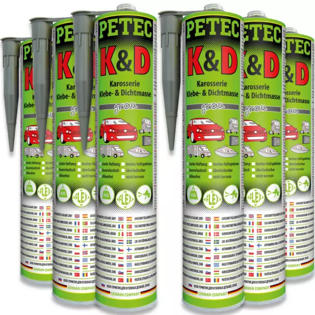 6x PETEC K&D Karosserie Klebe- und Dichtmasse grau 310ml Kleber Kartusche 94630