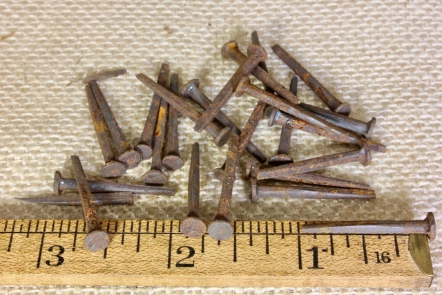 1” OLD Square NAILS 25 REAL 1850’s vintage rusty patina 3/16” medium head BRADS