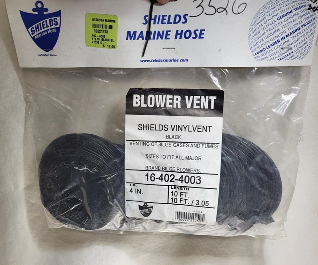 SHIELDS MARINE BOAT, Blower Vent Exhaust 4" Black Hose 10' Length