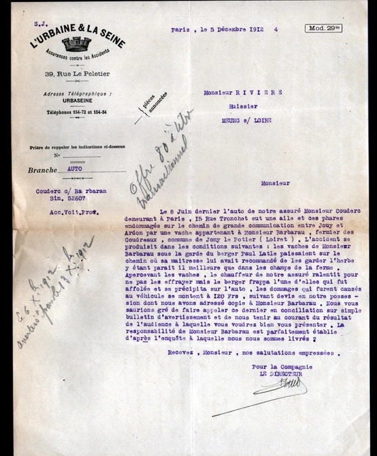 PARIS (IX°) COMPAGNIE D'ASSURANCES AUTOMOBILE "L'URBAINE & LA SEINE" en 1912