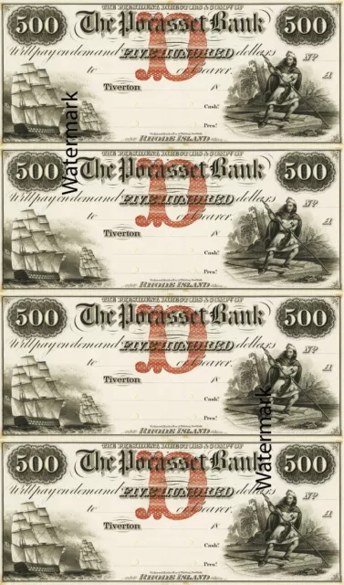 $500 SENC The Pocasset Bank Tiverton RI Obsolete Currency Sheet REPRODUCTION