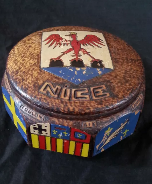 Antique French hand carved wooden box "Nice" with hand carved Coat of Arms