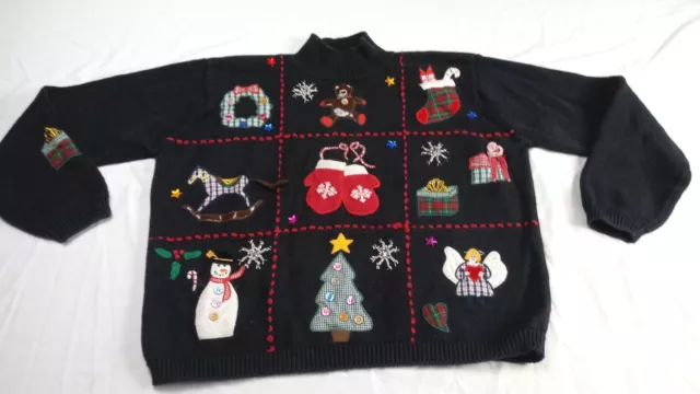 Lord & Taylor Sweater Large Knit Holiday Christmas Black Candy Cane Tree