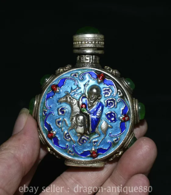 3.2" Chinese Silver inlay gem the god of longevity Riding deer  snuff box bottle