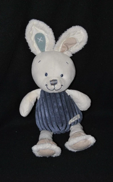 Peluche doudou lapin NICOTOY blanc bleu rayures 25/32 cm NEUF