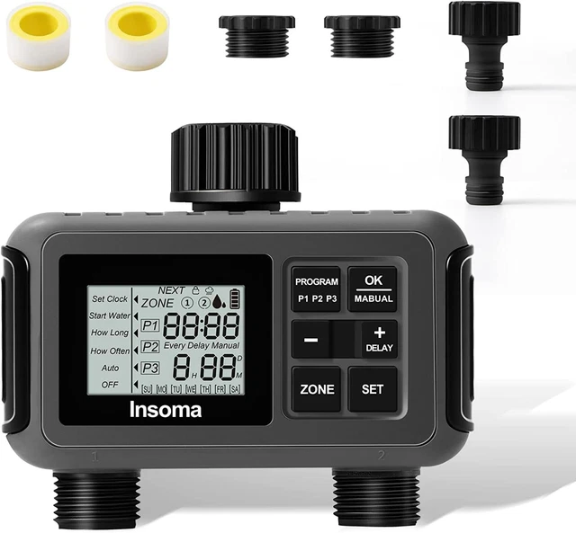 Sprinkler Timer 2 Zone, Digital Water for Garden Hose 2 Outlets, Gray