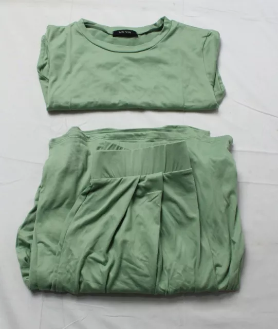 Win Win Women's Short Sleeve Tee And Wide Leg Pants Set EJ1 Green Large