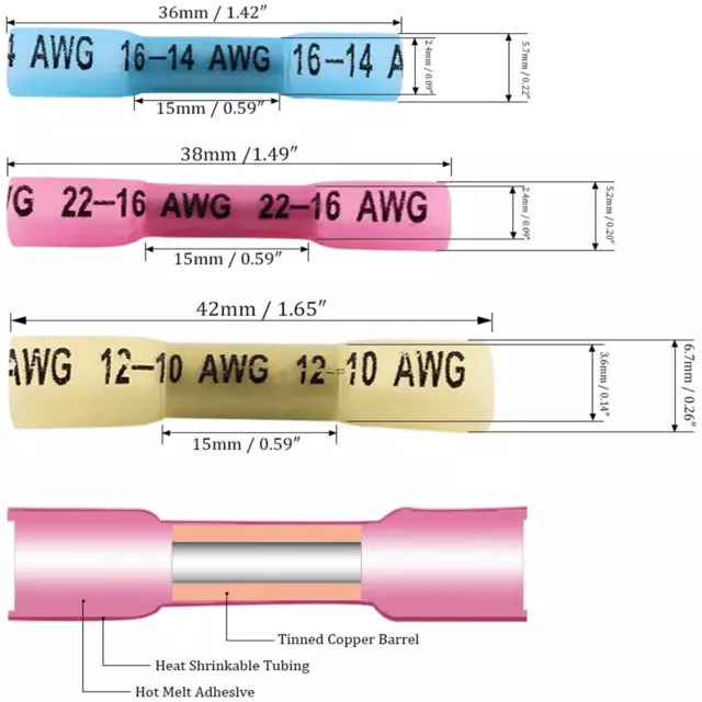 200PCS Kit Heat Shrink Wire Butt Crimp Connectors Waterproof Terminals 3 Sizes 2