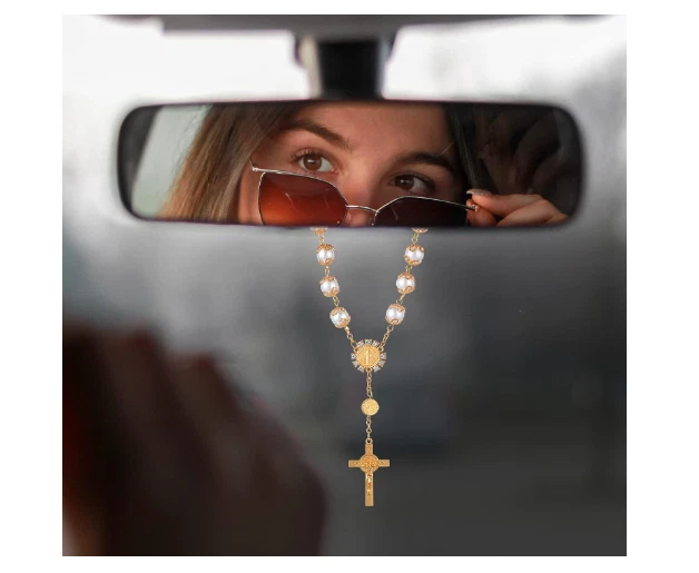 2 x Hanging Car Rosary Cross With Beads For Rearview Mirror or Wrist, Gold