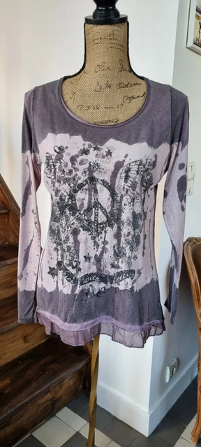 Haut Tredy Femme Taille 36 – T-shirt Coton Rose Pâle Avec Dentelle, Neuf Avec Défaut