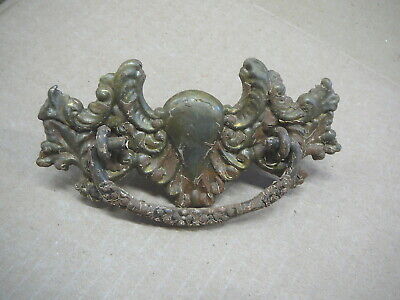 PAIR ANTIQUE DRAWER BAIL PULLS ORNATE BRASS BACKPLATES  3" Centers -  No.6-2 3