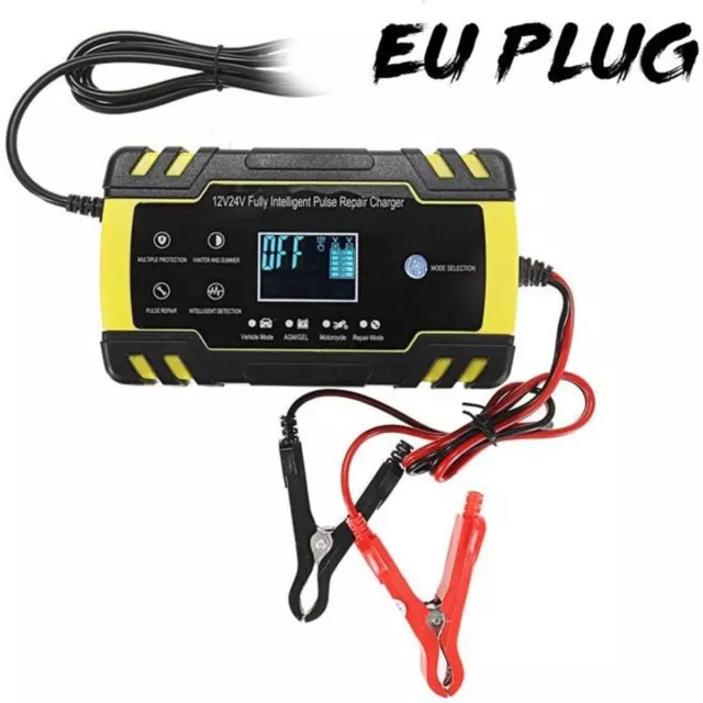 Chargeur Batterie Auto Voiture Moto 12V/24V 8A Intelligent Portable Écran LCD FR