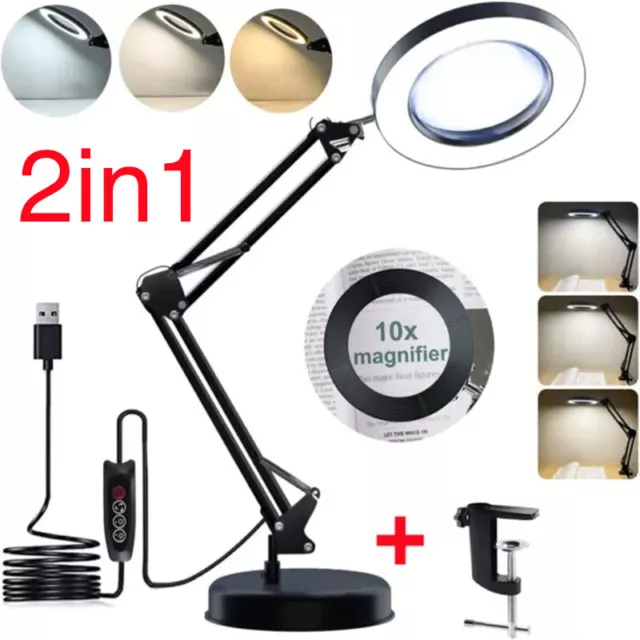 10X Magnifying Glass Desk Light Magnifier LED Lamp Reading Lamp With Base& Clamp