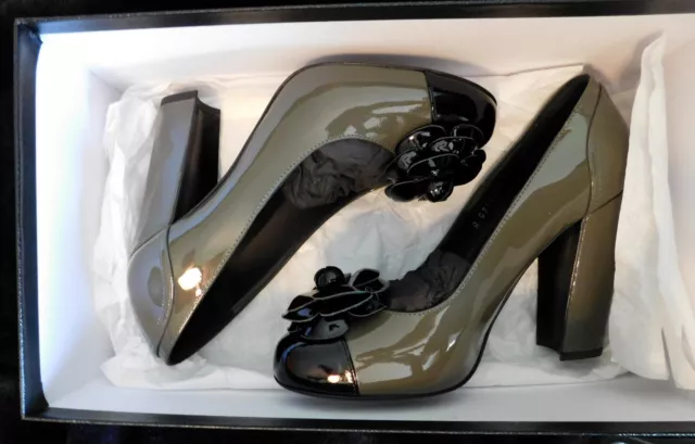 15B $950 AUTH NIB Chanel Black & Grey Camellia Patent High Heel Pumps 37  $699.99 - PicClick