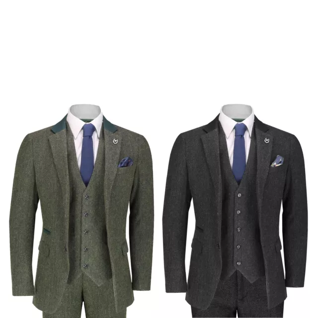 Herren Herringbone Tweed 3-teiliger Anzug Retro Smart maßgeschneiderte Passform olivgrün grau