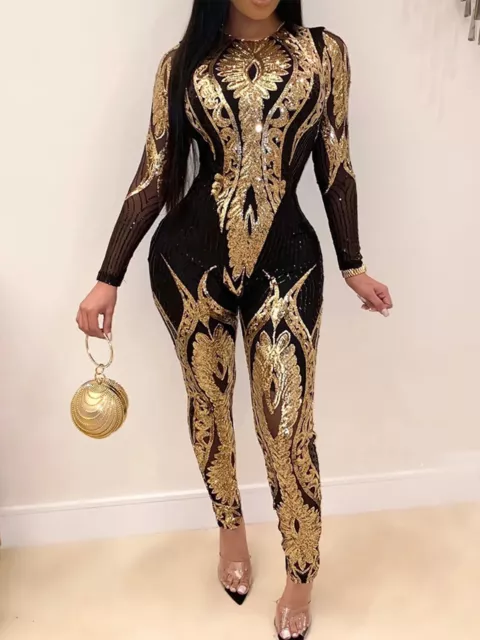Women Sexy Long Sleeve Sequin Bodycon Jumpsuit Bodysuit Stage Wear Costume New