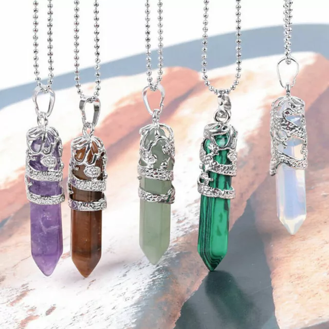 Natural Hexagonal Gemstone Pendants Chakra Healing Quartz Crystal Point Necklace