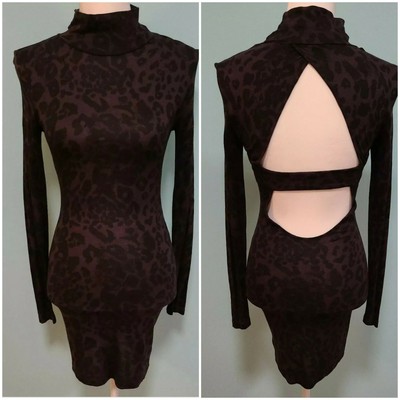 GUESS Womens Sheath Animal Print Dress Back Cutouts Mock Neck Long Sleeve XS