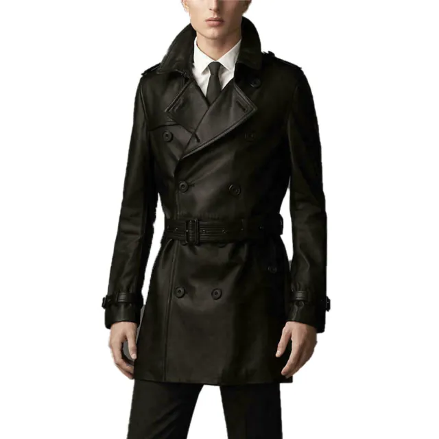 Homme Véritable Peau D'Agneau Cuir Fashion Manteau Long Noir Handmade Blouson