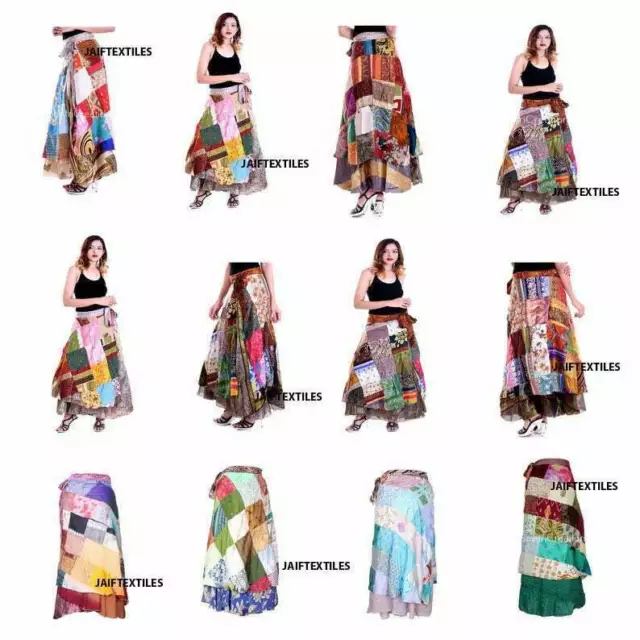 Venta al por mayor Lot Vintage Indian Silk Maxi Falda, Boho Gypsy Patchwork... 2