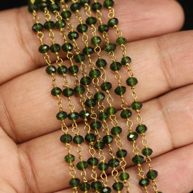 Chrome Diopside Rondelle Hydro Rosary Beaded Chain 24k Gold Plated 3-4mm 3 Feet