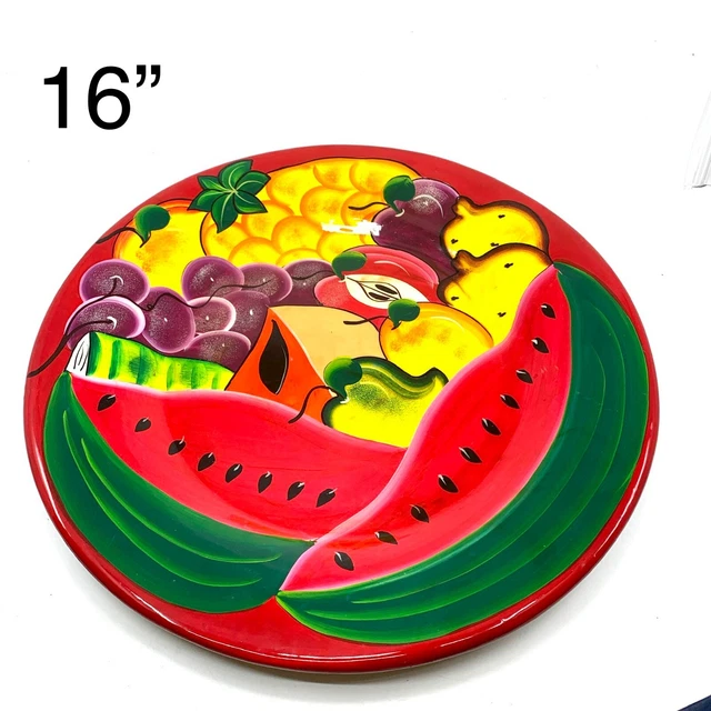 16" Large Vtg Mexican Folk Art Plate Charger Clay Pottery Hand Painted Fruit A+
