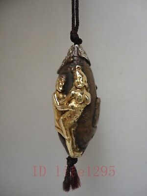 Collected China Old Bronze Carving Erotic Figure Tree Pendant Amulet Decoration 3