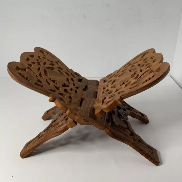 Vintage Large Wood Book Holder Folding Bible Cookbook Stand Hand Carved Leaves