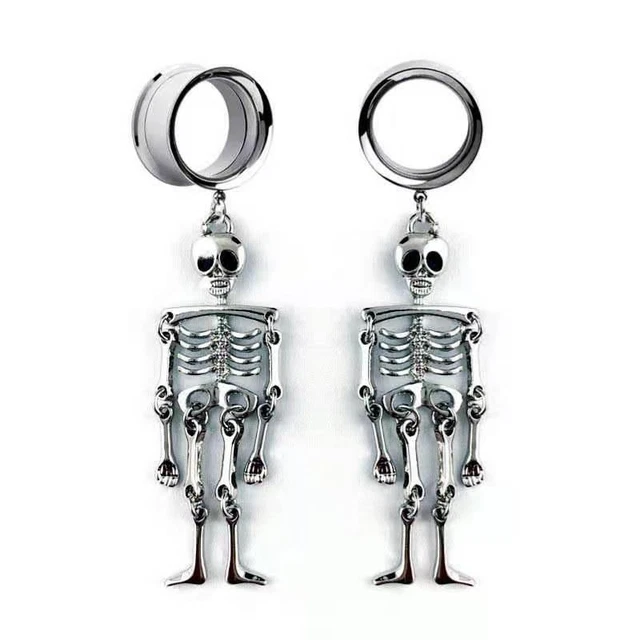 Pair Dancing Skeleton Ear Tunnels Ear Gauges Body Jewelry Piercings Stainless
