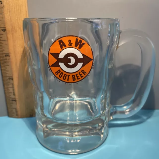 ORIGINAL VINTAGE 1960s A&W ROOT BEER HEAVY CLEAR GLASS MUG BULLSEYE LOGO