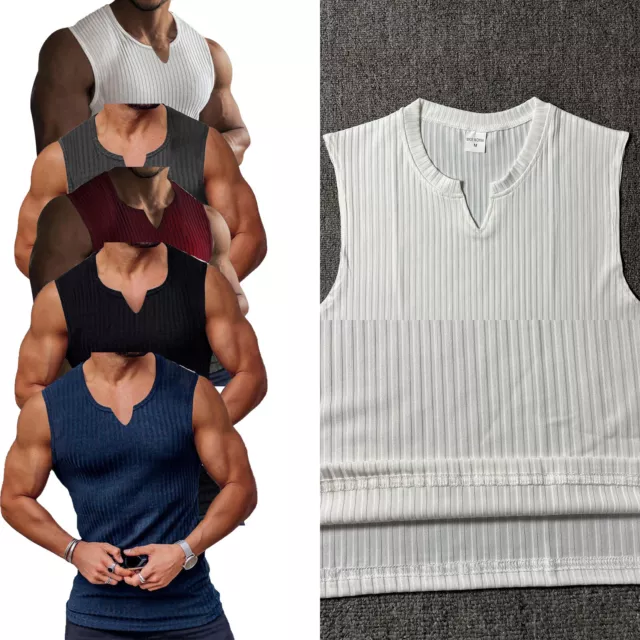 Men's T-Shirts Fitness V Neck Ribbed Tank Top Vest Gym Sleeveless Workout Tops