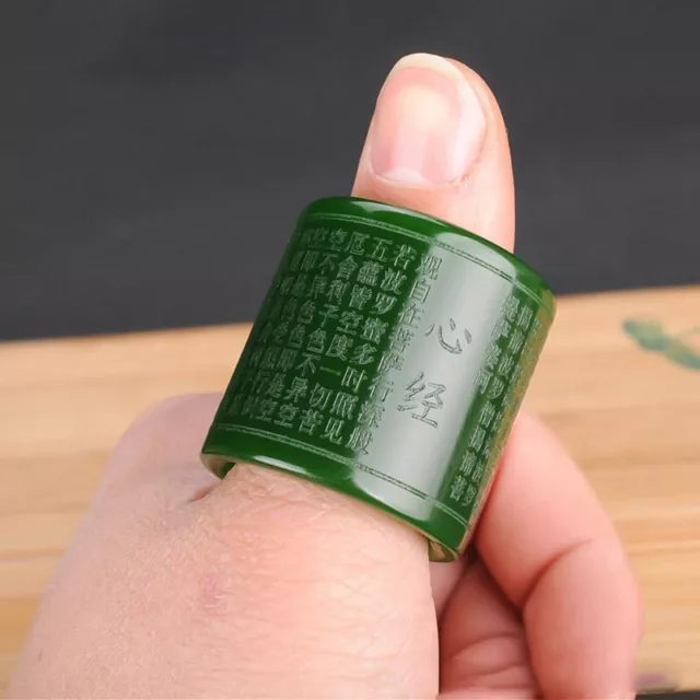 Natural green jade handcarving Buddhism Heart Sutra ring thumb Ring 3608
