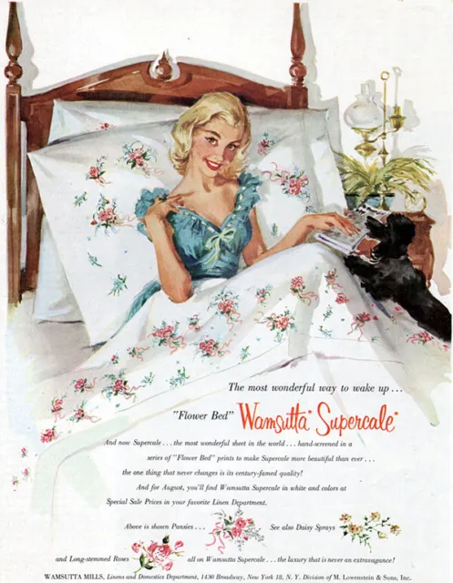 Wamsutta Supercale Pansies Sheets GGA Girl with Black Poodle FLOWER BED 1956 Ad