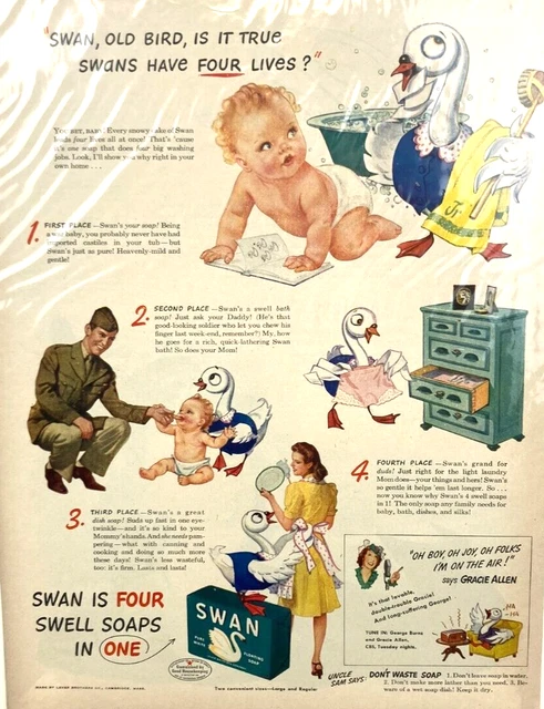 Vintage Swan Soap Babies Soldier Housewife Cleaning 1944 Magazine Print Ad I78