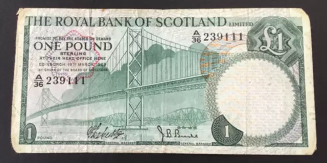 Banknote Of Scotland One Pound. The Royal Bank Of Scotland Dated 1969.